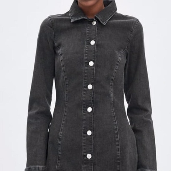 🖤 Zara Black Washed Denim Long Sleeve Button Down Dress 🗝️ - Picture 2 of 9